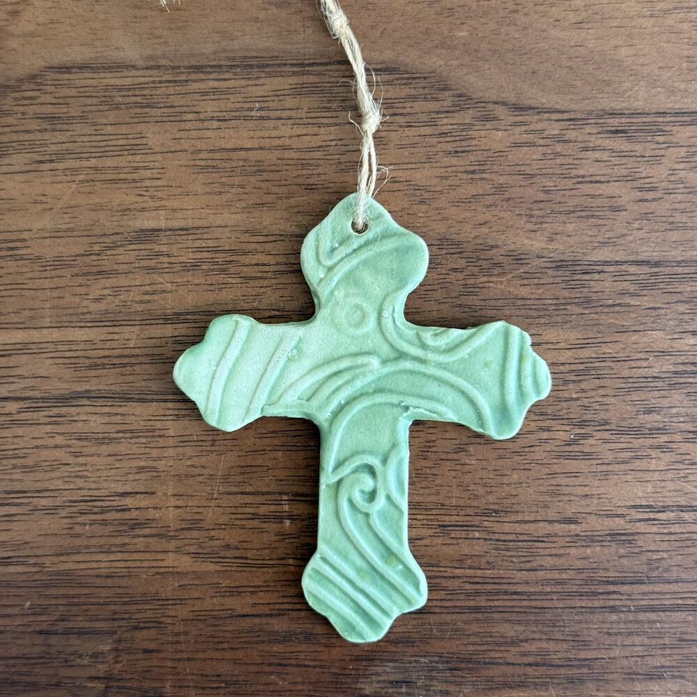 Handmade Pottery Cross Ornament Green